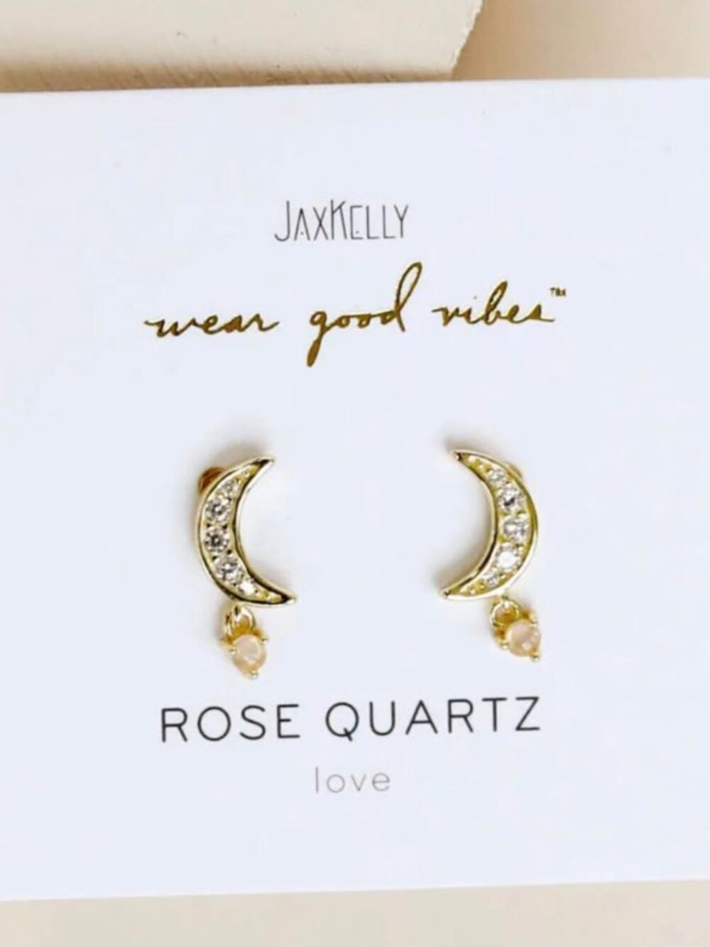 New JaxKelly earrings Rose Quartz moon drops